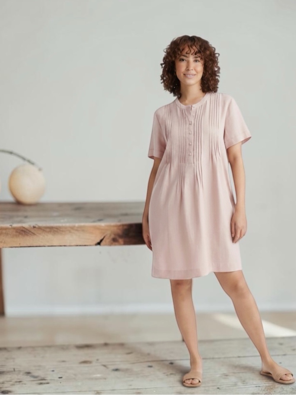QUINCE 100% EUROPEAN LINEN SHORT SLEEVE MINI SWING DRESS SZ L IN PALE PINK - Picture 2 of 7